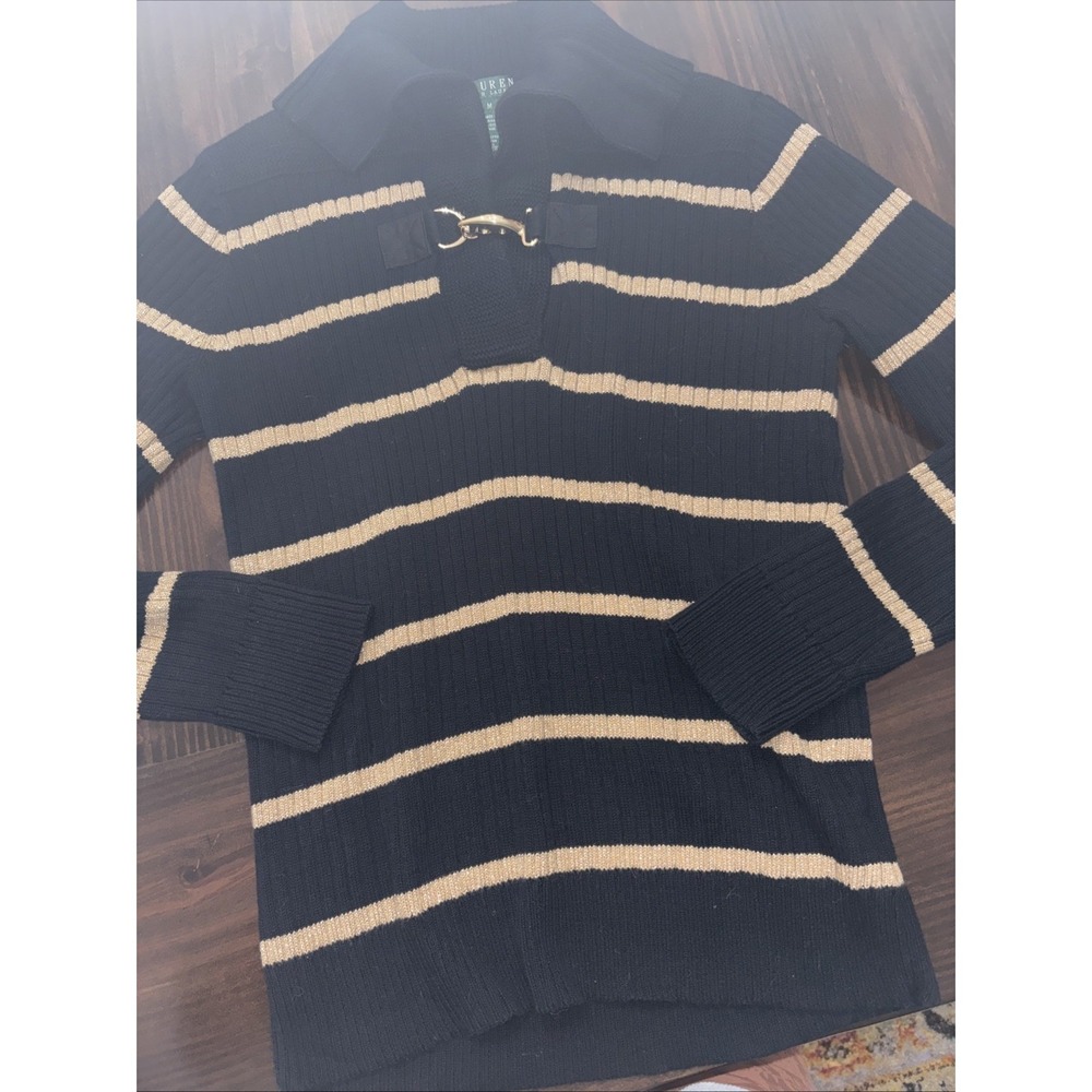 Lauren Ralph Lauren Black Gold Striped Sweater Toggle Medium Sparkle Metallic - Picture 2 of 8